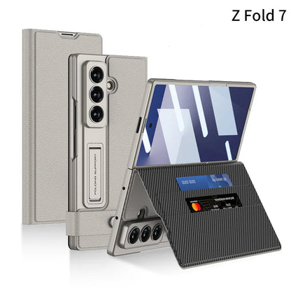 Fold7 Film+Phone Case for Samsung Galaxy Z Fold 7 Card Holder Magnetic Buckle Wallet Flip Wireless Charging Stand Leather Cover