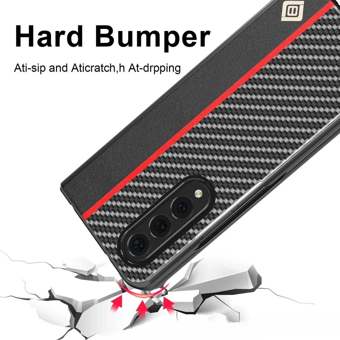 ZFold 7 Phone Case for Samsung Galaxy Z Fold 7 Fold6 5 4 3 5G Carbon Fiber Red Vertical Stripes PU Leather Slim Protective Cover