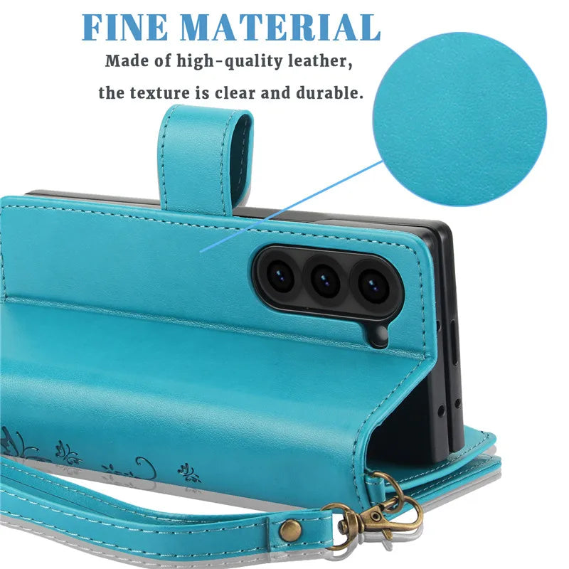 Lanyard Leather Zipper Wallet Multi Card Phone Case for Samsung Galaxy Z Fold 7 6 5 4 3 Fold6 Fold5 Fold4 Fold3 Flip Stand Cover