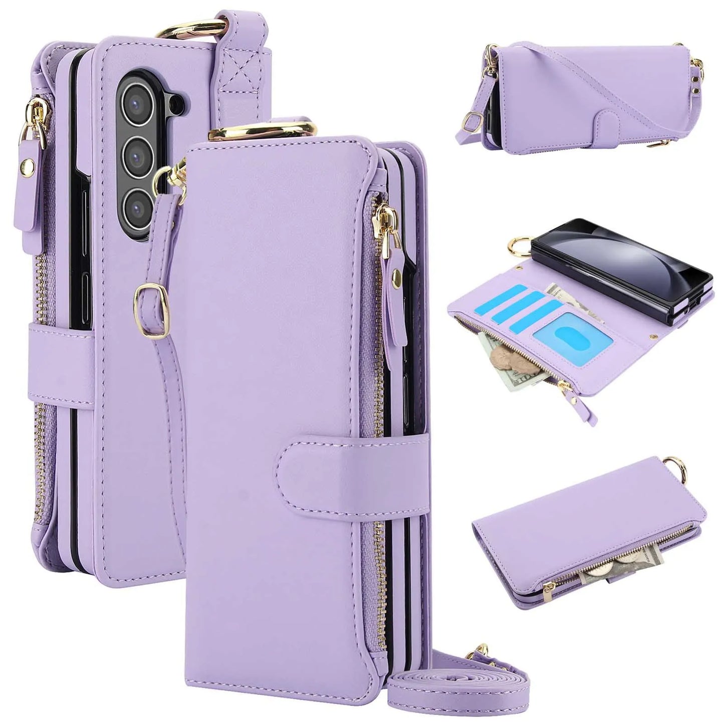 ZFold 7 Pu Leather Crossbody Phone Case for Samsung Galaxy Z Fold 7 6 5 4 3 Ring&Wrist Strap&Long Rope&Zipper Card Wallet Cover