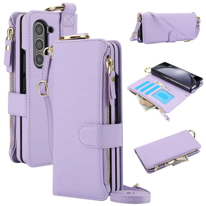ZFold 7 Pu Leather Crossbody Phone Case for Samsung Galaxy Z Fold 7 6 5 4 3 Ring&Wrist Strap&Long Rope&Zipper Card Wallet Cover