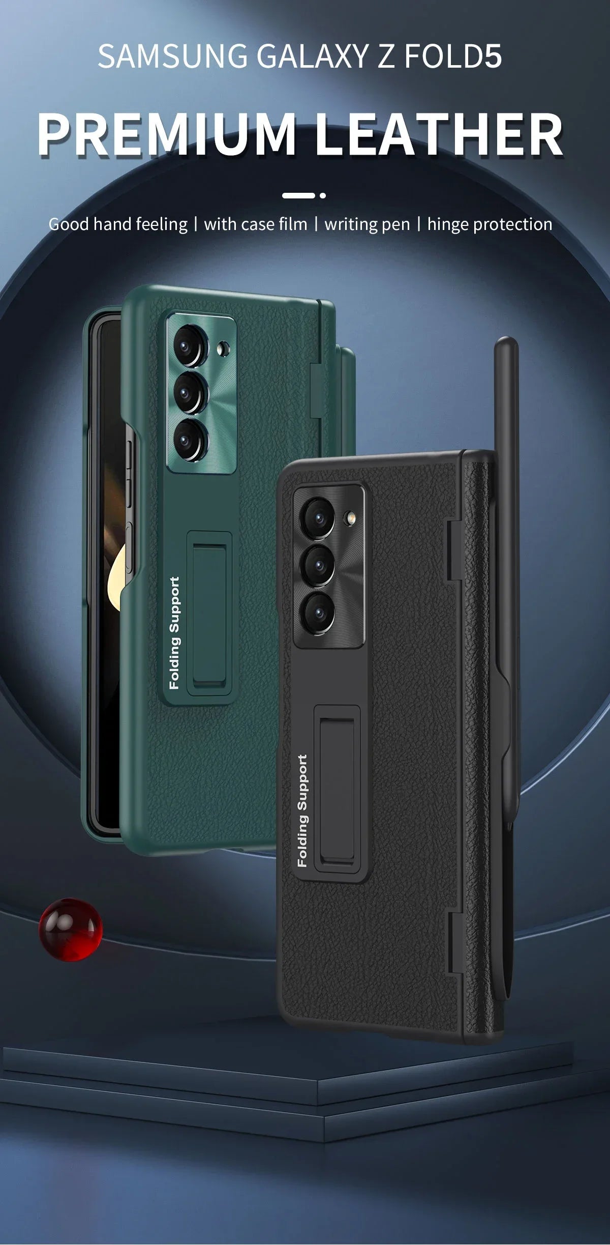 With Touch Pen Case For Samsung Galaxy Z Fold 5 Leather Hinge Fold 6 4 3 Screen Protector Tempered Film Folding Kickstand Cover