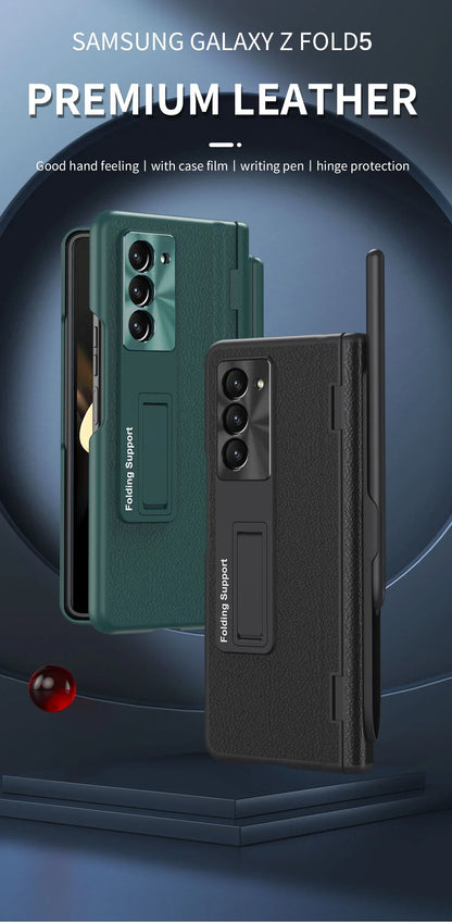 With Touch Pen Case For Samsung Galaxy Z Fold 5 Leather Hinge Fold 6 4 3 Screen Protector Tempered Film Folding Kickstand Cover