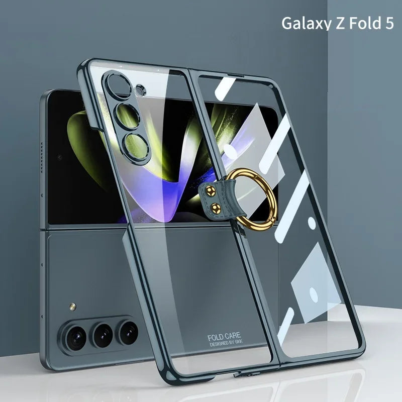 Luxury Plating HD Transparent Case for Samsung Galaxy Z Fold 6 5 5G Case with Ring Metal Ring Clear Shockproof Shell Case