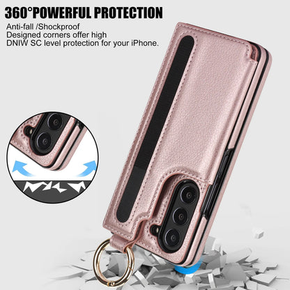 Fold7 Ring&Pen Slot Pu Leather Phone Case for Samsung Galaxy Z Fold 7 6 5 4 3 Metal Double Buckle Flip Card Holder Wallet Cover