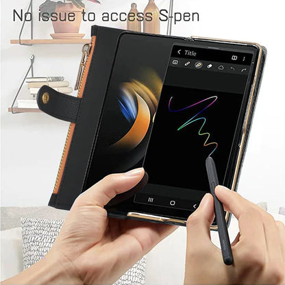Leather Card Wallet With S Pen Solt Case For Samsung Galaxy Z Fold 6 5 4 3 2 ZFold6 Fold Multifunctional Zipper Protection Cover
