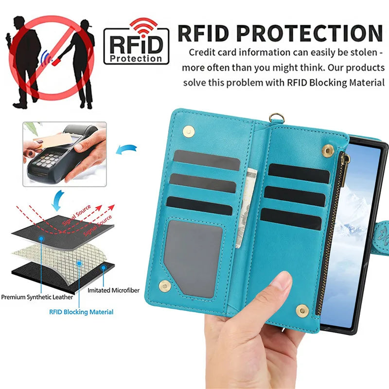 Lanyard Leather Zipper Wallet Multi Card Phone Case for Samsung Galaxy Z Fold 7 6 5 4 3 Fold6 Fold5 Fold4 Fold3 Flip Stand Cover