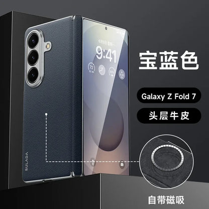 First Layer Cowhide Leather Phone Case for Samsung Galaxy Z Fold 7 Fold7 Metal Lens Protection Magnetic Attraction Hard Cover