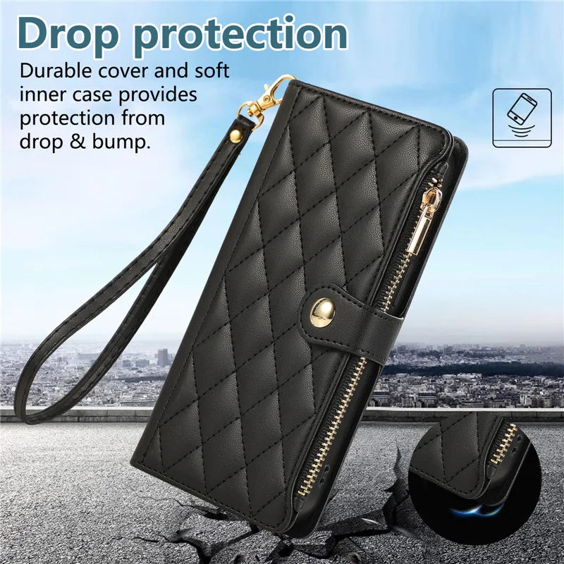 Crossbody Lanyard Leather Zip Wallet Card Slot Phone Case for Samsung Galaxy Z Fold 7 6 5 4 3 Wrist Strap Flip Stand Cover Etui
