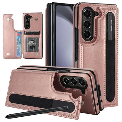 Pen Slot Leather Wallet Card Phone Case for Samsung Galaxy Z Fold 7 6 5 4 3 Fold6 Fold5 Fold4 Fold3 Retor Flip Stand Cover Etui
