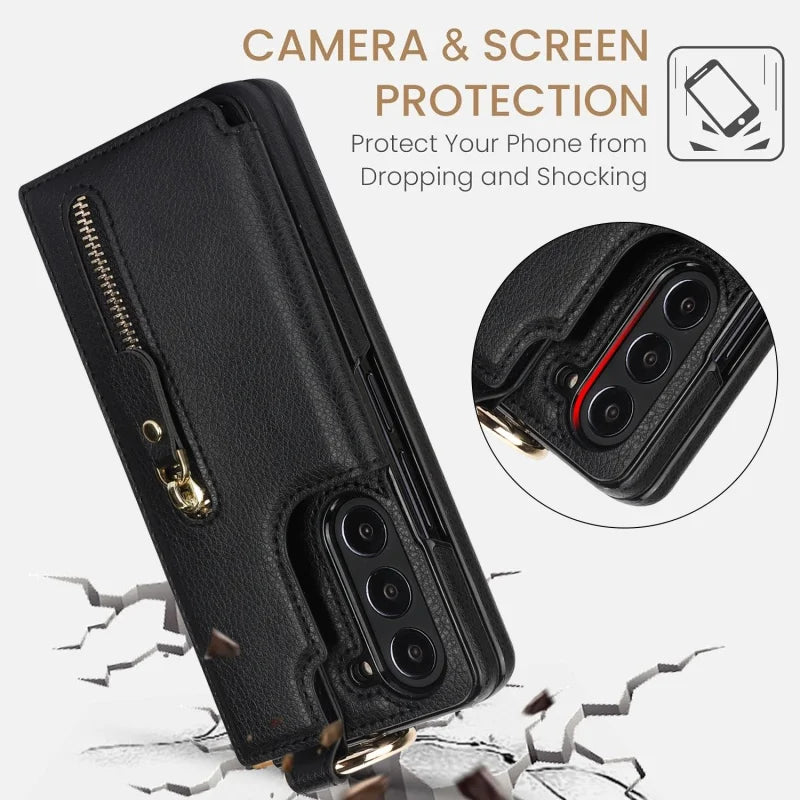 Ring Leather Zipper Wallet Card Slot Phone Case for Samsung Galaxy Z Fold 7 6 5 4 3 Shock Proof Flip Purse Holder Cover Hoesje