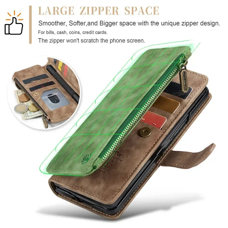 Luxury Lanyard Leather Zipper Wallet Card Phone Case For Samsung Galaxy Z Fold 7 6 5 4 Fold6 Fold5 Fold4 Purse Flip Stand Cover