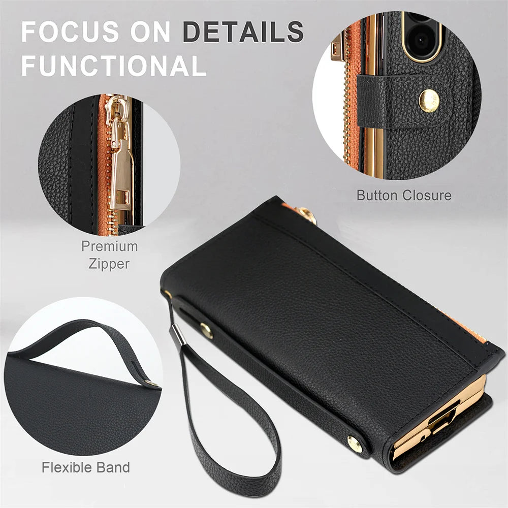 Leather Card Wallet With S Pen Solt Case For Samsung Galaxy Z Fold 6 5 4 3 2 ZFold6 Fold Multifunctional Zipper Protection Cover