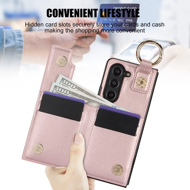 Ring Leather Zipper Wallet Card Slot Phone Case for Samsung Galaxy Z Fold 7 6 5 4 3 Shock Proof Flip Purse Holder Cover Hoesje