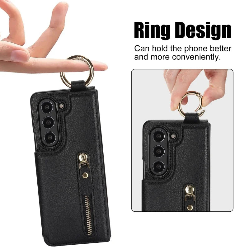 Ring Leather Zipper Wallet Card Slot Phone Case for Samsung Galaxy Z Fold 7 6 5 4 3 Shock Proof Flip Purse Holder Cover Hoesje