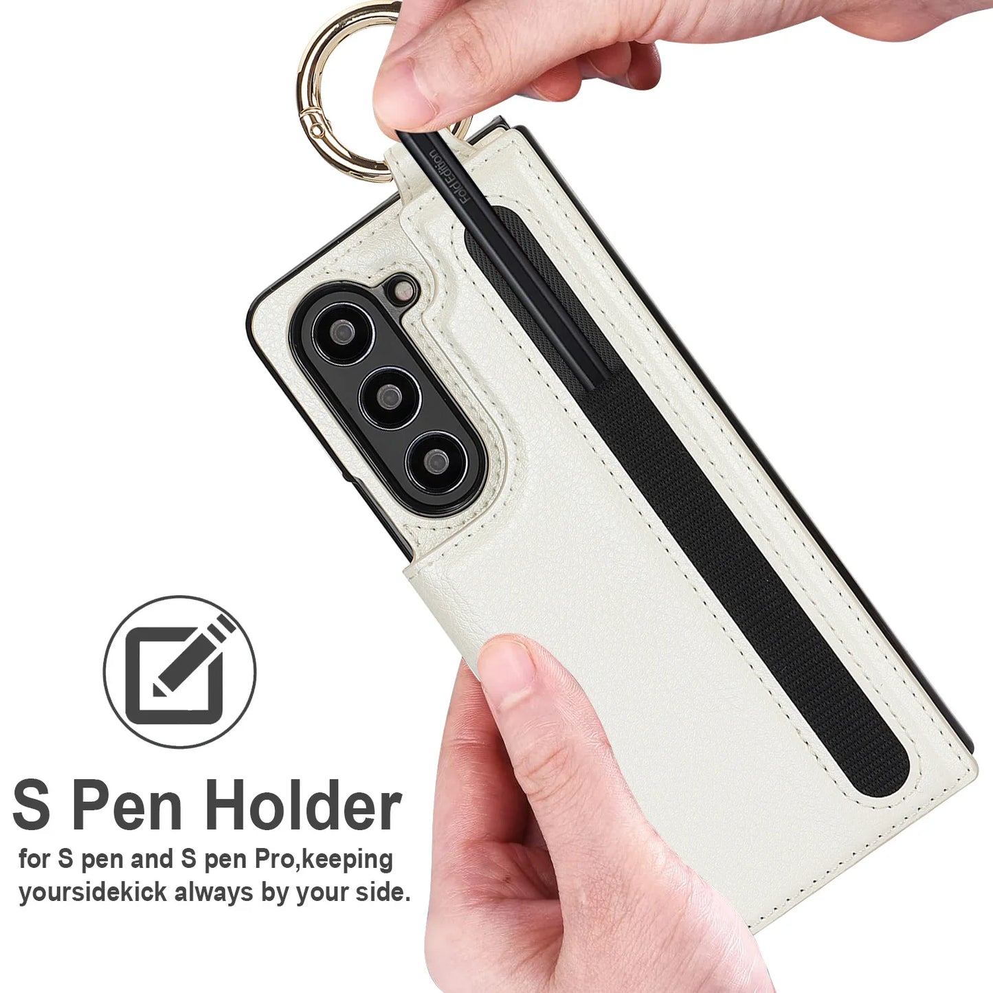 Fold7 Ring&Pen Slot Pu Leather Phone Case for Samsung Galaxy Z Fold 7 6 5 4 3 Metal Double Buckle Flip Card Holder Wallet Cover