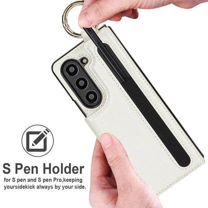 Fold7 Ring&Pen Slot Pu Leather Phone Case for Samsung Galaxy Z Fold 7 6 5 4 3 Metal Double Buckle Flip Card Holder Wallet Cover