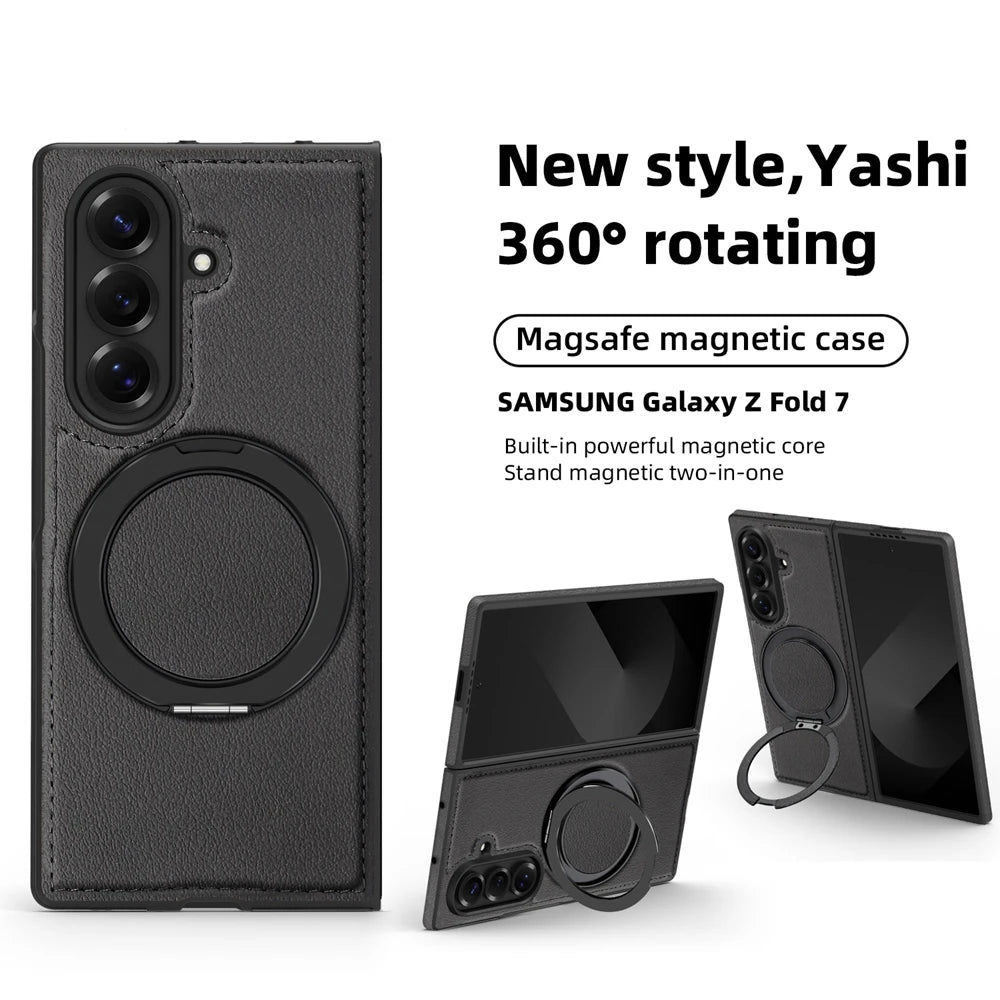 Ring Stand Magsafe Leather Case For Samsung Galaxy Z Fold 7 6 5 4 3 Z Fold7 Phone Case Magnetic Phone Cover Wireless Charging