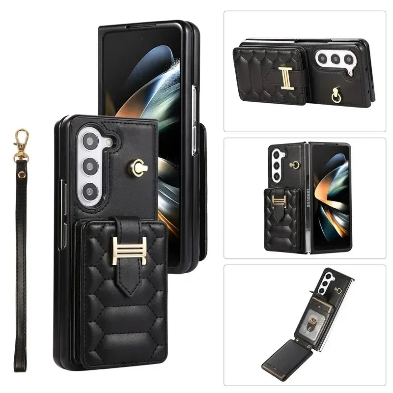 Crossbody Lanyard Leather Phone Case for Samsung Galaxy Z Fold 6 5 4 3 Fold6 Fold5 Fold4 Fold3 Wrist Rope Wallet Card Cover Etui