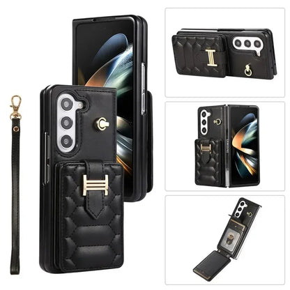 Crossbody Lanyard Leather Phone Case for Samsung Galaxy Z Fold 6 5 4 3 Fold6 Fold5 Fold4 Fold3 Wrist Rope Wallet Card Cover Etui