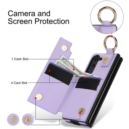 Fold7 Ring&Pen Slot Pu Leather Phone Case for Samsung Galaxy Z Fold 7 6 5 4 3 Metal Double Buckle Flip Card Holder Wallet Cover