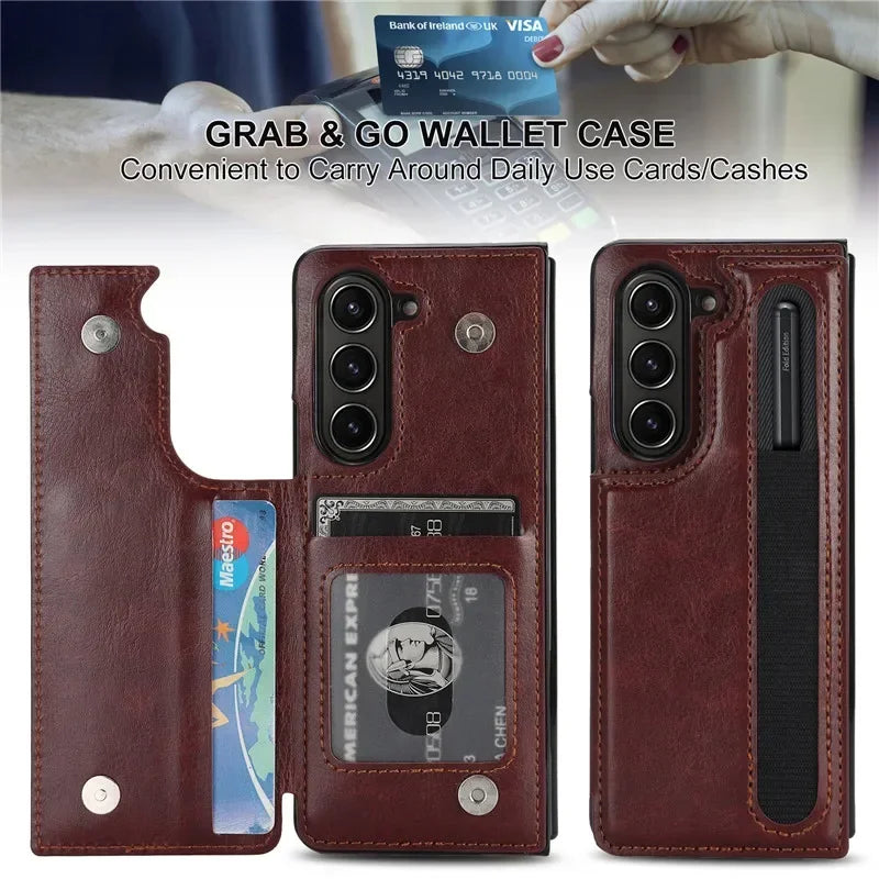 Pen Slot Leather Wallet Card Phone Case for Samsung Galaxy Z Fold 7 6 5 4 3 Fold6 Fold5 Fold4 Fold3 Retor Flip Stand Cover Etui