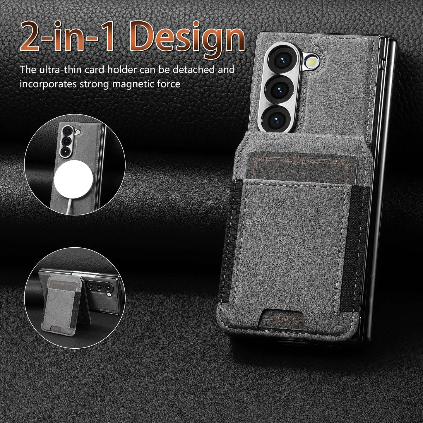 Stable Support Leather Magnetic Wallet Case for Samsung Galaxy Z Fold 7 ZFold 6 5 4 3 Tempered Glass with Hinge Protection Cover
