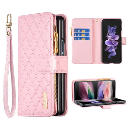 Luxury Lanyard Zipper Wallet Card Slot Phone Case For Samsung Galaxy Z Fold 7 6 5 4 3 Fold6 Fold5 Fold4 Leather Flip Stand Cover