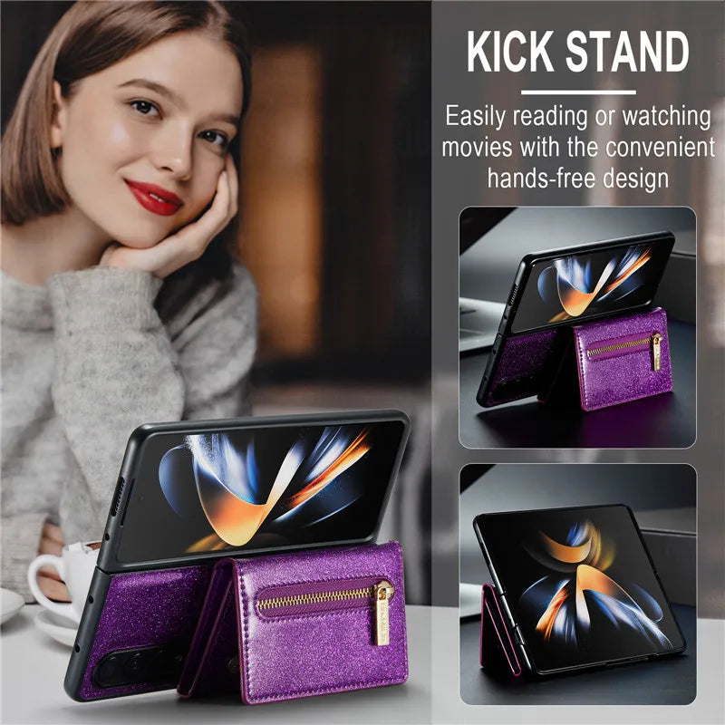 Glitter Magnetic Leather Zip Wallet Phone Case For Samsung Galaxy Z Fold 5 4 3