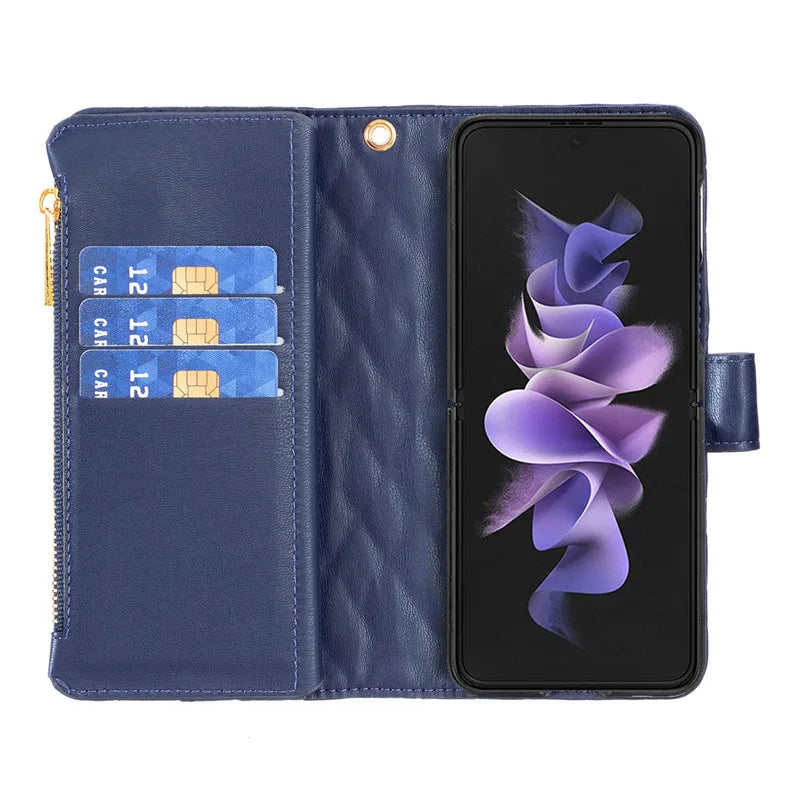 Luxury Lanyard Zipper Wallet Card Slot Phone Case For Samsung Galaxy Z Fold 7 6 5 4 3 Fold6 Fold5 Fold4 Leather Flip Stand Cover