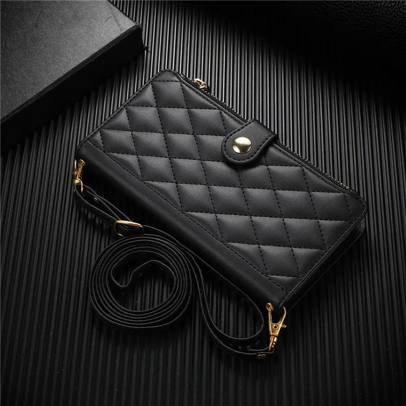 Crossbody Lanyard Leather Zip Wallet Card Slot Phone Case for Samsung Galaxy Z Fold 7 6 5 4 3 Wrist Strap Flip Stand Cover Etui