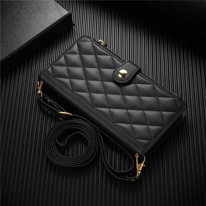 Crossbody Lanyard Leather Zip Wallet Card Slot Phone Case for Samsung Galaxy Z Fold 7 6 5 4 3 Wrist Strap Flip Stand Cover Etui