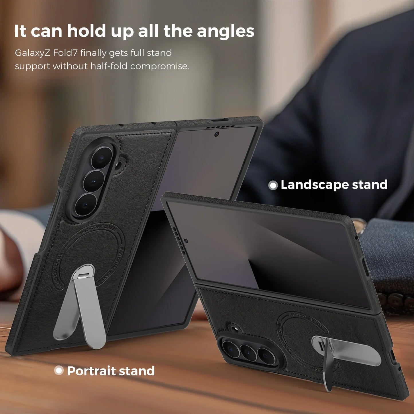 Fold 7 Strong Magnetic Phone Case for Samsung Galaxy Z Fold 7 6 5 4 3 Wireless Charging Metal Rotating Bracket Pu Leather Cover