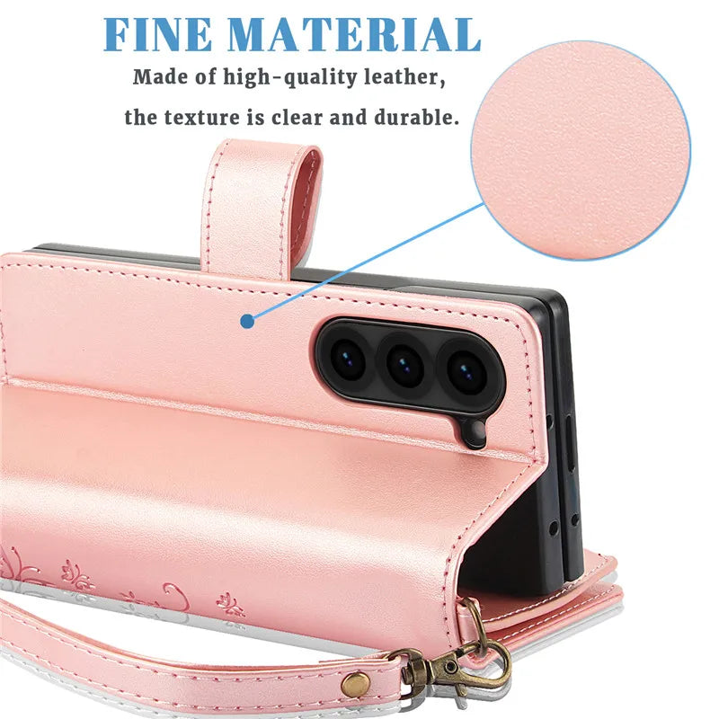 Lanyard Leather Zipper Wallet Multi Card Phone Case for Samsung Galaxy Z Fold 7 6 5 4 3 Fold6 Fold5 Fold4 Fold3 Flip Stand Cover