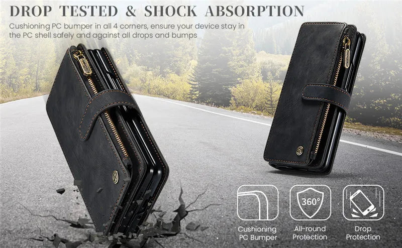 Luxury Lanyard Leather Zipper Wallet Card Phone Case For Samsung Galaxy Z Fold 7 6 5 4 Fold6 Fold5 Fold4 Purse Flip Stand Cover