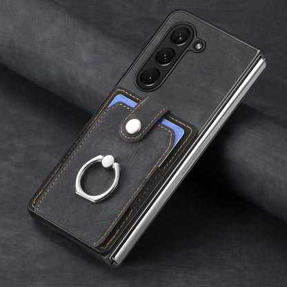 Z Fold 7 Retro Pu Leather Phone Case for Samsung Galaxy Z Fold 6 5 4 3 Magnetic Hardware Ring&buckle Card Slot Bag Bracket Cover