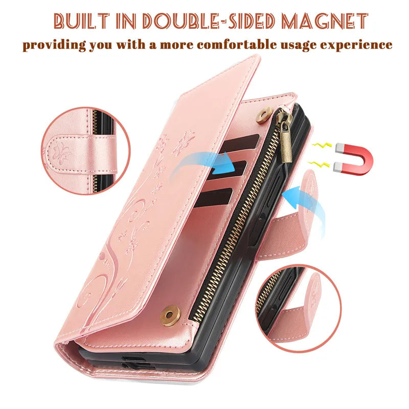 Lanyard Leather Zipper Wallet Multi Card Phone Case for Samsung Galaxy Z Fold 7 6 5 4 3 Fold6 Fold5 Fold4 Fold3 Flip Stand Cover