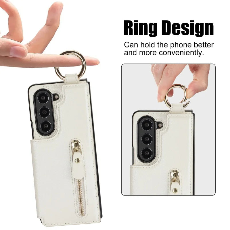 Ring Leather Zipper Wallet Card Slot Phone Case for Samsung Galaxy Z Fold 7 6 5 4 3 Shock Proof Flip Purse Holder Cover Hoesje