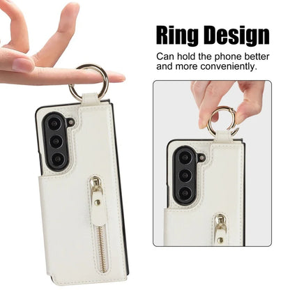 Ring Leather Zipper Wallet Card Slot Phone Case for Samsung Galaxy Z Fold 7 6 5 4 3 Shock Proof Flip Purse Holder Cover Hoesje