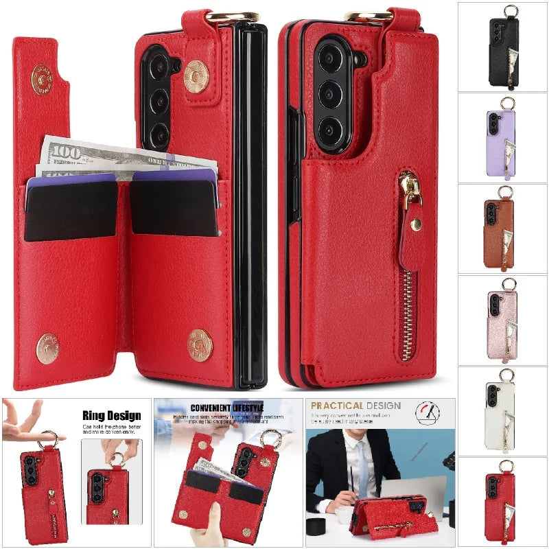 Ring Leather Zipper Wallet Card Slot Phone Case for Samsung Galaxy Z Fold 7 6 5 4 3 Shock Proof Flip Purse Holder Cover Hoesje