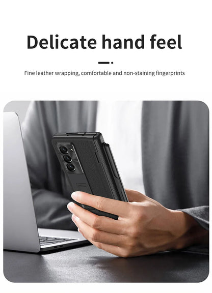 With Touch Pen Case For Samsung Galaxy Z Fold 5 Leather Hinge Fold 6 4 3 Screen Protector Tempered Film Folding Kickstand Cover