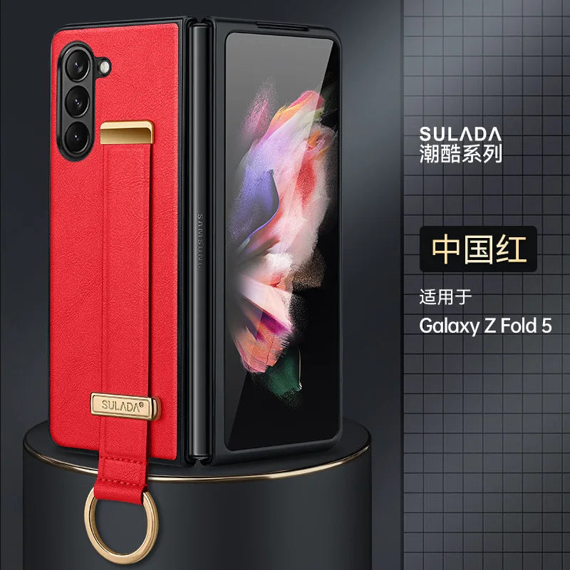 High-end Cowide Leather Mobile Phone Case for Samsung Galaxy Z Fold 7 Fold6 5 4 3 Wristband Holder Camera Protection Back Cover