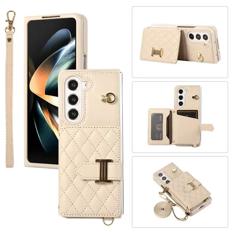 Crossbody Lanyard Leather Wallet Card Phone Case for Samsung Galaxy Z Fold 7 6 5 4 3 Fold6 Fold5 Fold4 Fold3 Wrist Rope Cover