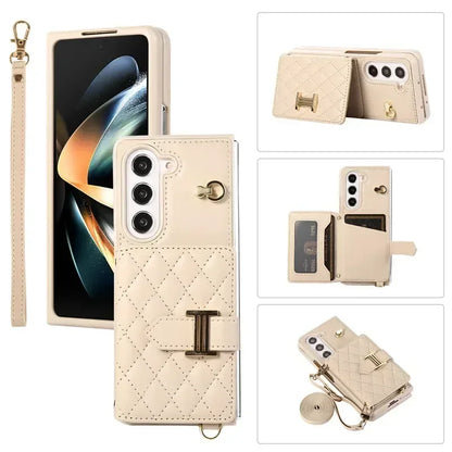 Crossbody Lanyard Leather Wallet Card Phone Case for Samsung Galaxy Z Fold 7 6 5 4 3 Fold6 Fold5 Fold4 Fold3 Wrist Rope Cover