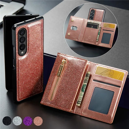 Glitter Magnetic Leather Zip Wallet Phone Case For Samsung Galaxy Z Fold 5 4 3