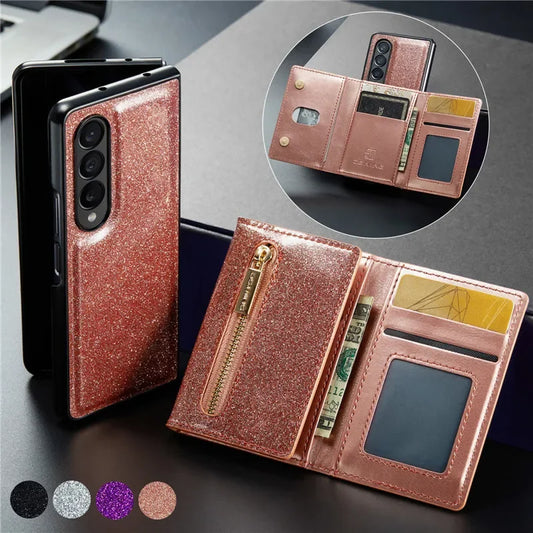 Glitter Magnetic Leather Zip Wallet Phone Case For Samsung Galaxy Z Fold 5 4 3