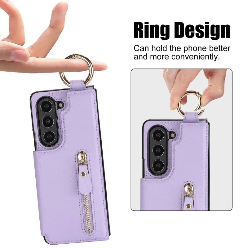 Ring Leather Zipper Wallet Card Slot Phone Case for Samsung Galaxy Z Fold 7 6 5 4 3 Shock Proof Flip Purse Holder Cover Hoesje