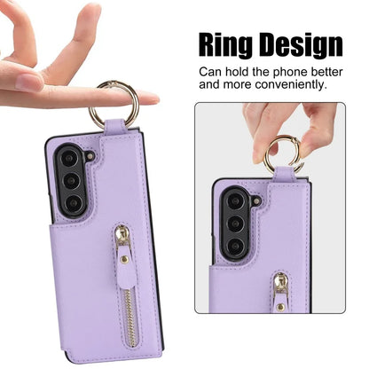 Ring Leather Zipper Wallet Card Slot Phone Case for Samsung Galaxy Z Fold 7 6 5 4 3 Shock Proof Flip Purse Holder Cover Hoesje