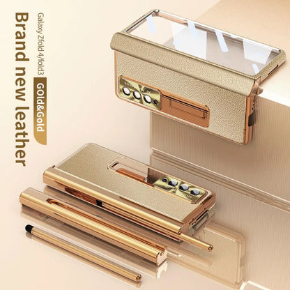 Coque With S Pen Plating Leather Case For Samsung Galaxy Z Fold 7 6 5 4 360 Full Protection Tempered Glass Kickstand Phone Cover