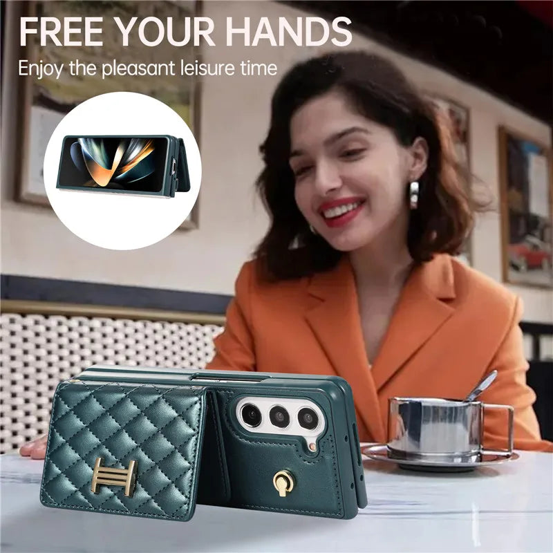 Crossbody Lanyard Leather Wallet Card Phone Case for Samsung Galaxy Z Fold 7 6 5 4 3 Fold6 Fold5 Fold4 Fold3 Wrist Rope Cover